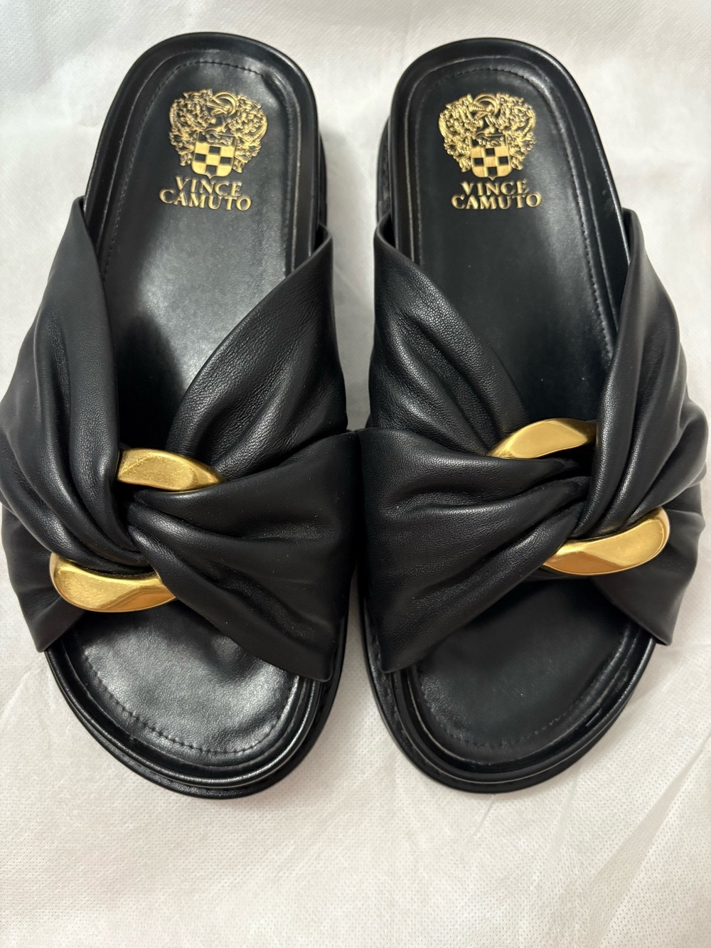 Vince Camuto Gold knot Black Leather slide Sandal